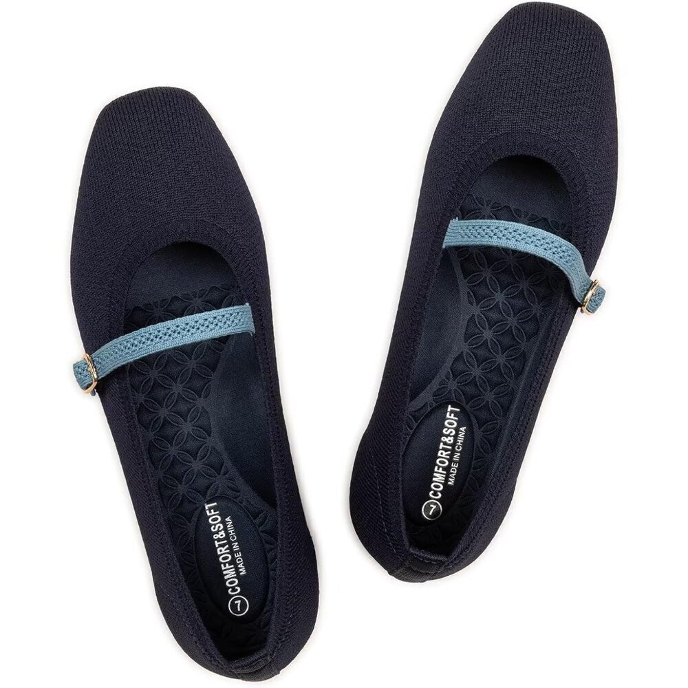 Frank Mully Mary Jane Women Blue Mesh Slip on Square-Toe Ankle Strap Flat Shoes